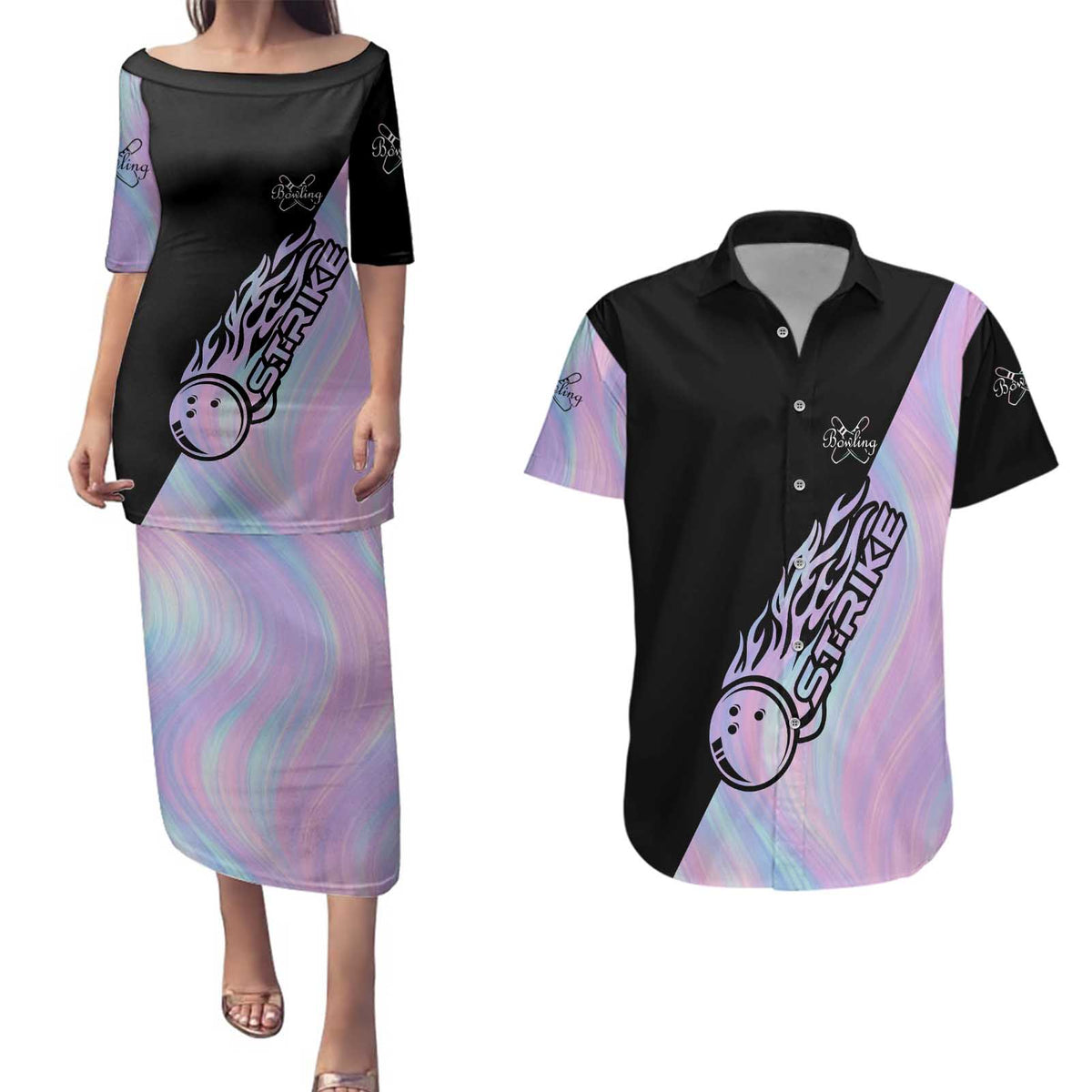 Bowling Strike Graphic Couples Matching Puletasi and Hawaiian Shirt Custom Flaming Ball and Pastel Gradient Swirl Pattern Design - Wonder Print Shop