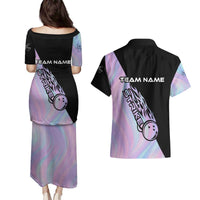 Bowling Strike Graphic Couples Matching Puletasi and Hawaiian Shirt Custom Flaming Ball and Pastel Gradient Swirl Pattern Design - Wonder Print Shop