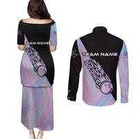 Bowling Strike Graphic Couples Matching Puletasi and Long Sleeve Button Shirt Custom Flaming Ball and Pastel Gradient Swirl Pattern Design - Wonder Print Shop
