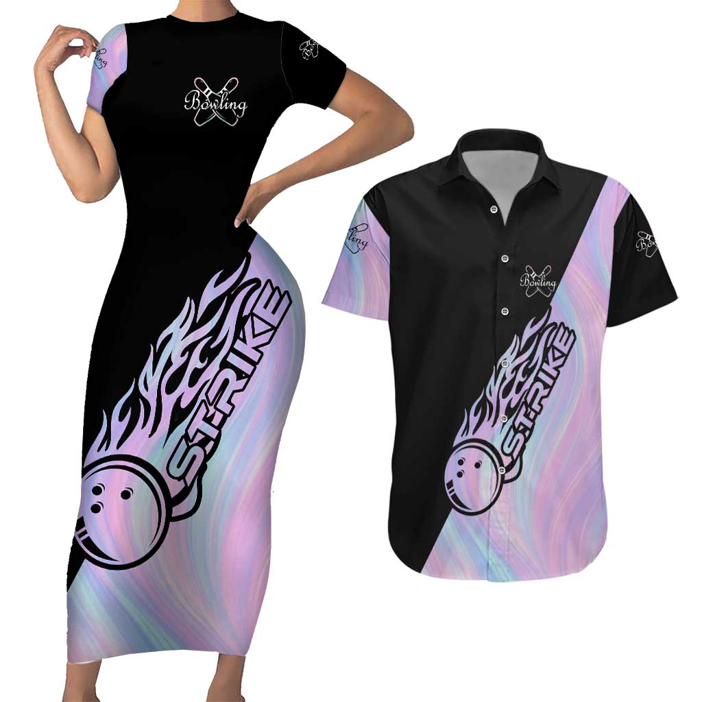 Bowling Strike Graphic Couples Matching Short Sleeve Bodycon Dress and Hawaiian Shirt Custom Flaming Ball and Pastel Gradient Swirl Pattern Design - Wonder Print Shop