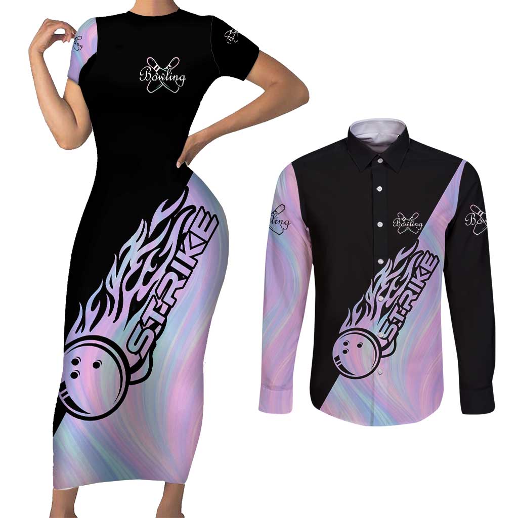 Bowling Strike Graphic Couples Matching Short Sleeve Bodycon Dress and Long Sleeve Button Shirt Custom Flaming Ball and Pastel Gradient Swirl Pattern Design - Wonder Print Shop