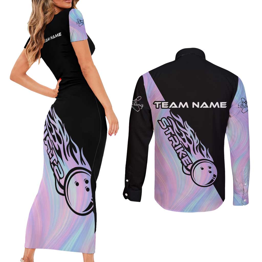 Bowling Strike Graphic Couples Matching Short Sleeve Bodycon Dress and Long Sleeve Button Shirt Custom Flaming Ball and Pastel Gradient Swirl Pattern Design - Wonder Print Shop