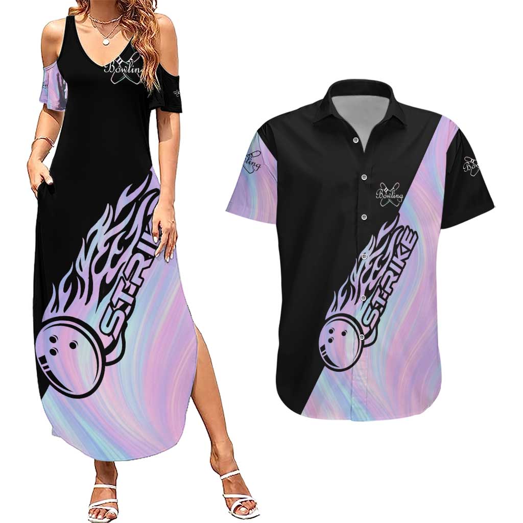 Bowling Strike Graphic Couples Matching Summer Maxi Dress and Hawaiian Shirt Custom Flaming Ball and Pastel Gradient Swirl Pattern Design - Wonder Print Shop
