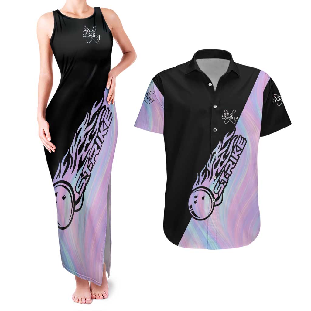 Bowling Strike Graphic Couples Matching Tank Maxi Dress and Hawaiian Shirt Custom Flaming Ball and Pastel Gradient Swirl Pattern Design - Wonder Print Shop