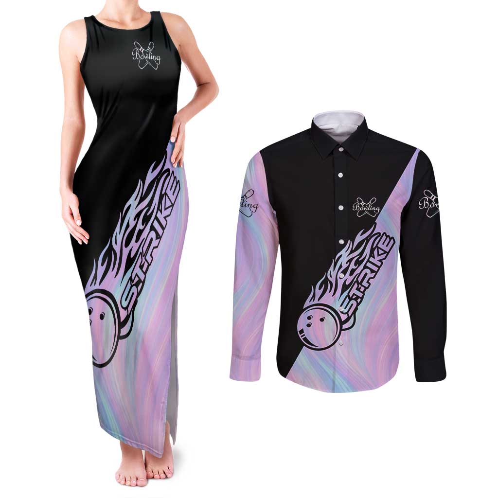 Bowling Strike Graphic Couples Matching Tank Maxi Dress and Long Sleeve Button Shirt Custom Flaming Ball and Pastel Gradient Swirl Pattern Design - Wonder Print Shop