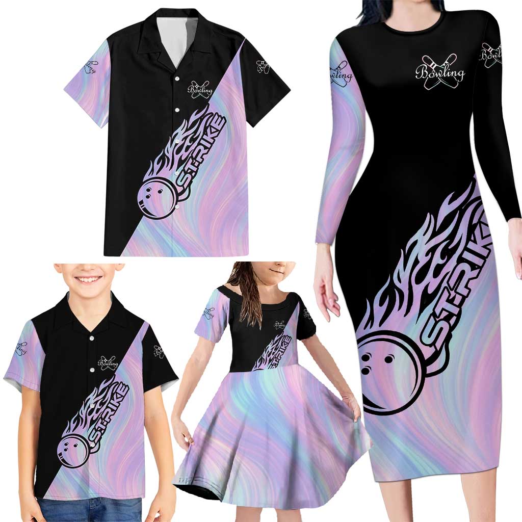 Bowling Strike Graphic Family Matching Long Sleeve Bodycon Dress and Hawaiian Shirt Custom Flaming Ball and Pastel Gradient Swirl Pattern Design - Wonder Print Shop