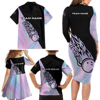 Bowling Strike Graphic Family Matching Long Sleeve Bodycon Dress and Hawaiian Shirt Custom Flaming Ball and Pastel Gradient Swirl Pattern Design - Wonder Print Shop