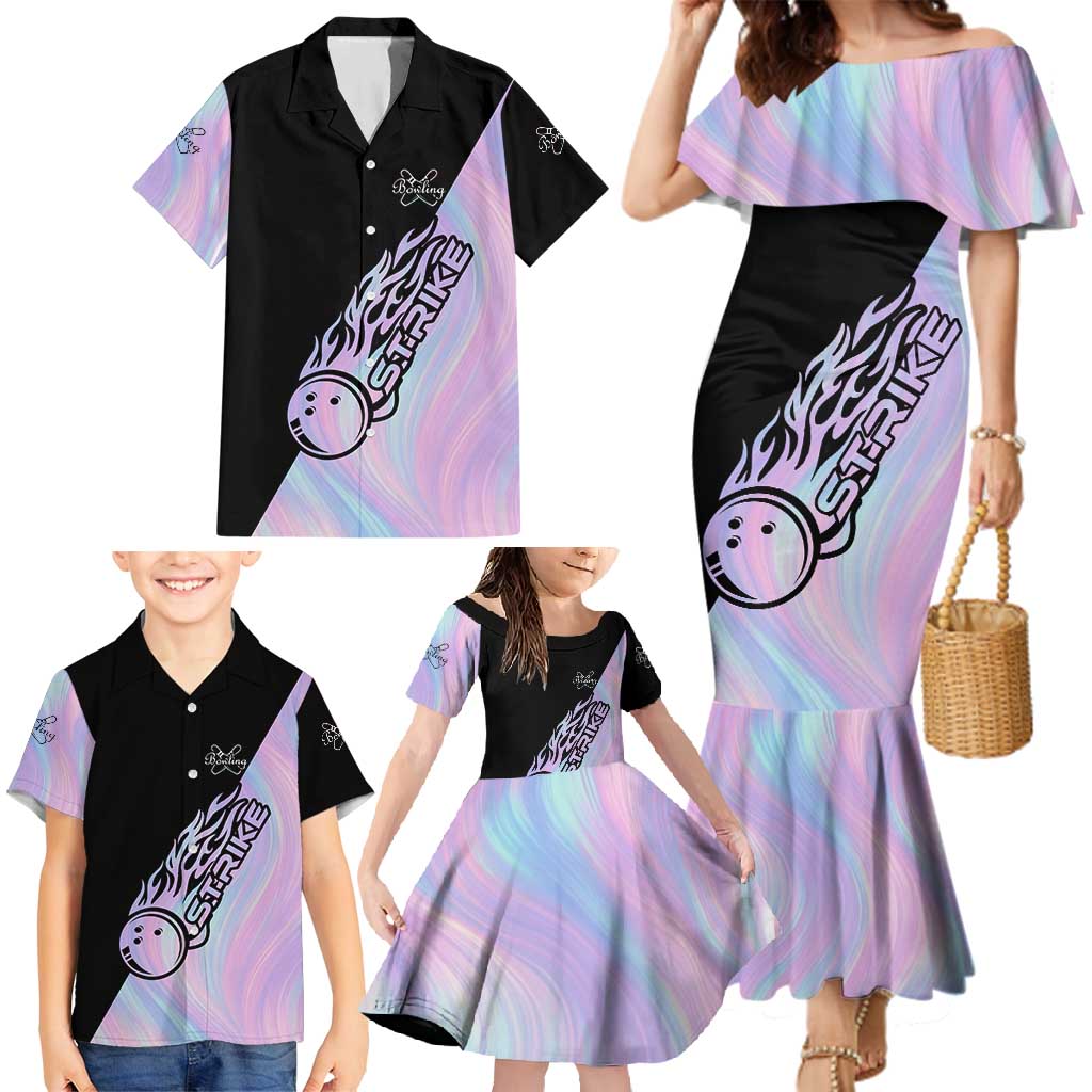 Bowling Strike Graphic Family Matching Mermaid Dress and Hawaiian Shirt Custom Flaming Ball and Pastel Gradient Swirl Pattern Design - Wonder Print Shop