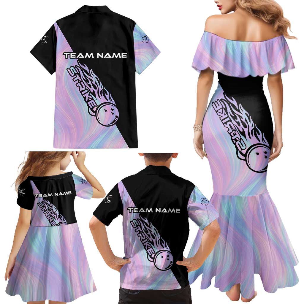 Bowling Strike Graphic Family Matching Mermaid Dress and Hawaiian Shirt Custom Flaming Ball and Pastel Gradient Swirl Pattern Design - Wonder Print Shop