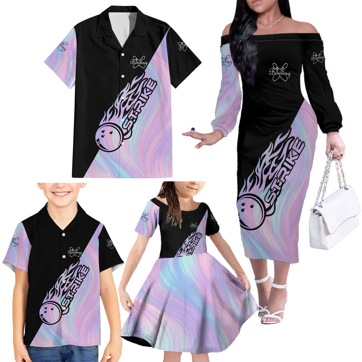 Bowling Strike Graphic Family Matching Off The Shoulder Long Sleeve Dress and Hawaiian Shirt Custom Flaming Ball and Pastel Gradient Swirl Pattern Design - Wonder Print Shop