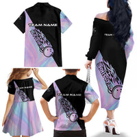 Bowling Strike Graphic Family Matching Off The Shoulder Long Sleeve Dress and Hawaiian Shirt Custom Flaming Ball and Pastel Gradient Swirl Pattern Design - Wonder Print Shop