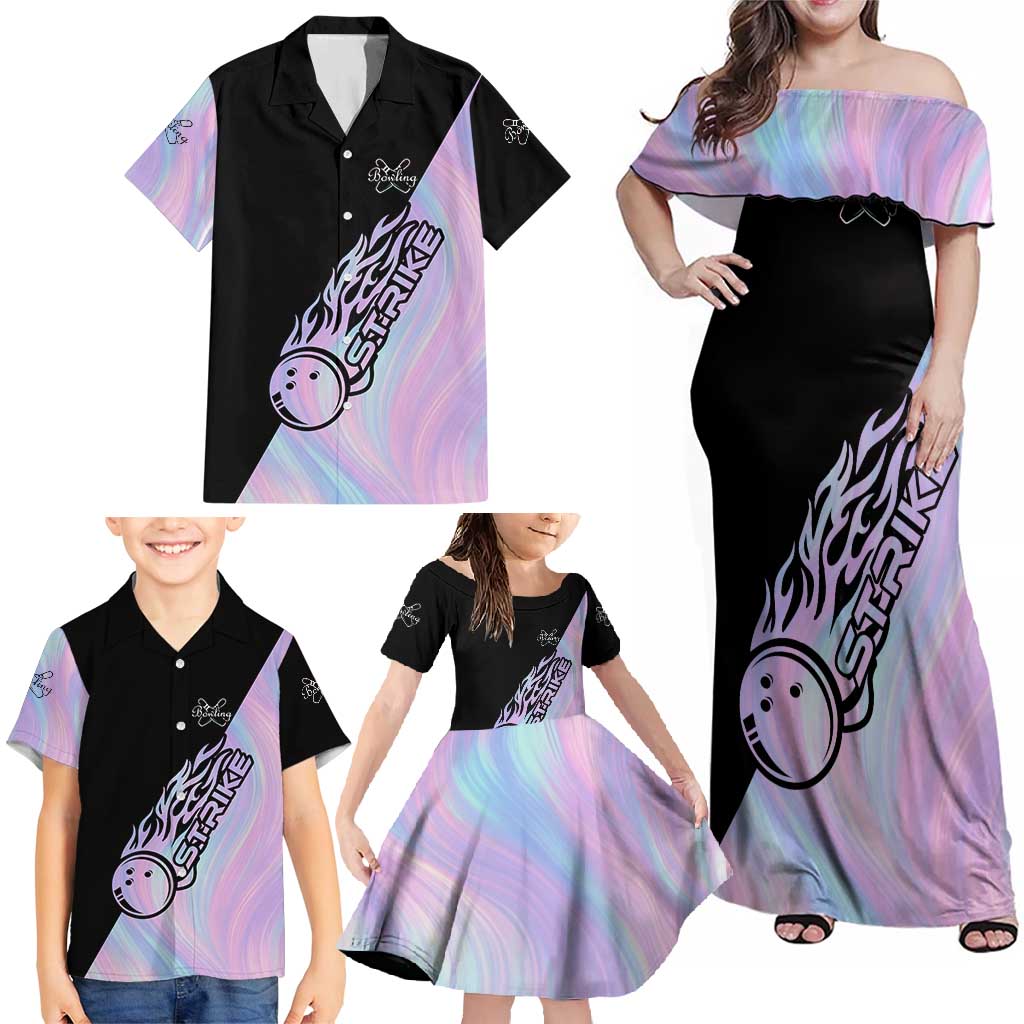 Bowling Strike Graphic Family Matching Off Shoulder Maxi Dress and Hawaiian Shirt Custom Flaming Ball and Pastel Gradient Swirl Pattern Design - Wonder Print Shop