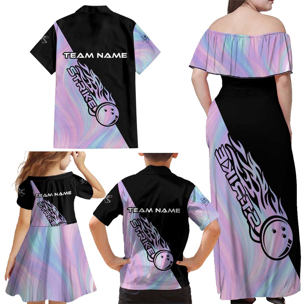 Bowling Strike Graphic Family Matching Off Shoulder Maxi Dress and Hawaiian Shirt Custom Flaming Ball and Pastel Gradient Swirl Pattern Design - Wonder Print Shop