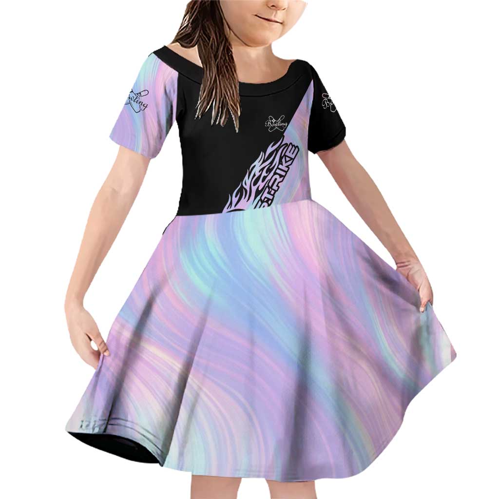 Bowling Strike Graphic Family Matching Off Shoulder Short Dress and Hawaiian Shirt Custom Flaming Ball and Pastel Gradient Swirl Pattern Design - Wonder Print Shop