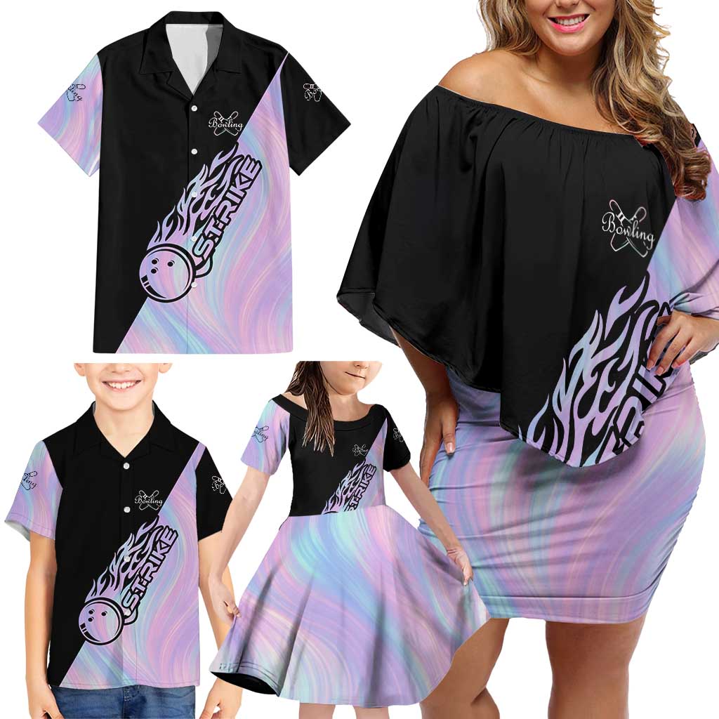 Bowling Strike Graphic Family Matching Off Shoulder Short Dress and Hawaiian Shirt Custom Flaming Ball and Pastel Gradient Swirl Pattern Design - Wonder Print Shop