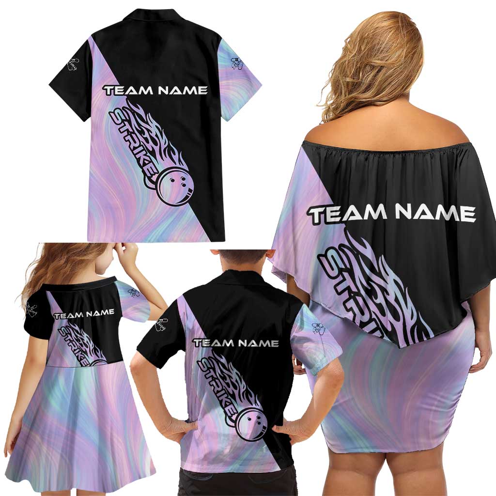 Bowling Strike Graphic Family Matching Off Shoulder Short Dress and Hawaiian Shirt Custom Flaming Ball and Pastel Gradient Swirl Pattern Design - Wonder Print Shop