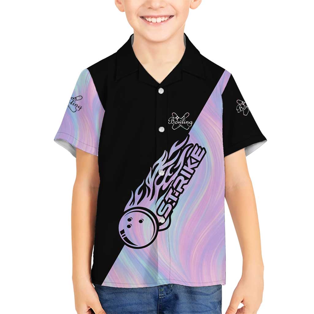 Bowling Strike Graphic Family Matching Off Shoulder Short Dress and Hawaiian Shirt Custom Flaming Ball and Pastel Gradient Swirl Pattern Design - Wonder Print Shop