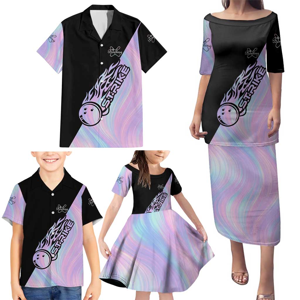 Bowling Strike Graphic Family Matching Puletasi and Hawaiian Shirt Custom Flaming Ball and Pastel Gradient Swirl Pattern Design - Wonder Print Shop