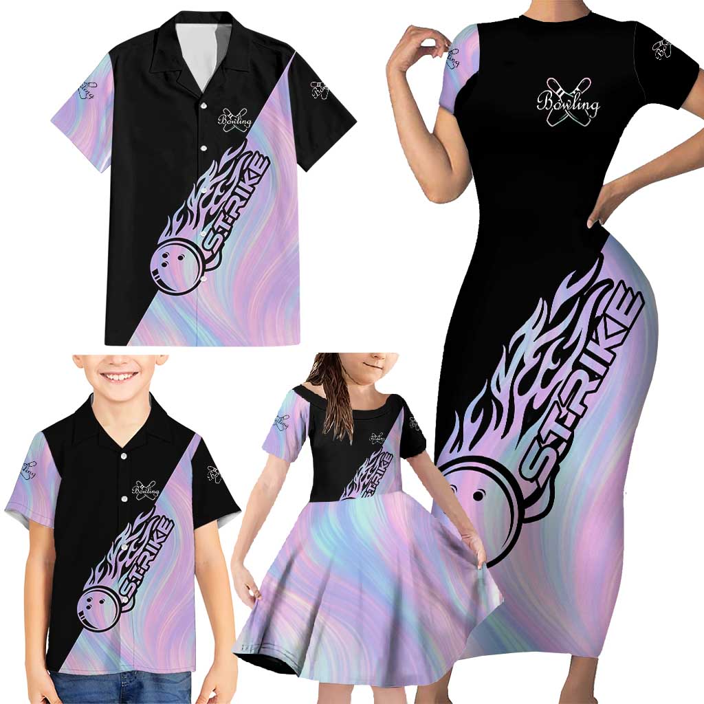 Bowling Strike Graphic Family Matching Short Sleeve Bodycon Dress and Hawaiian Shirt Custom Flaming Ball and Pastel Gradient Swirl Pattern Design - Wonder Print Shop
