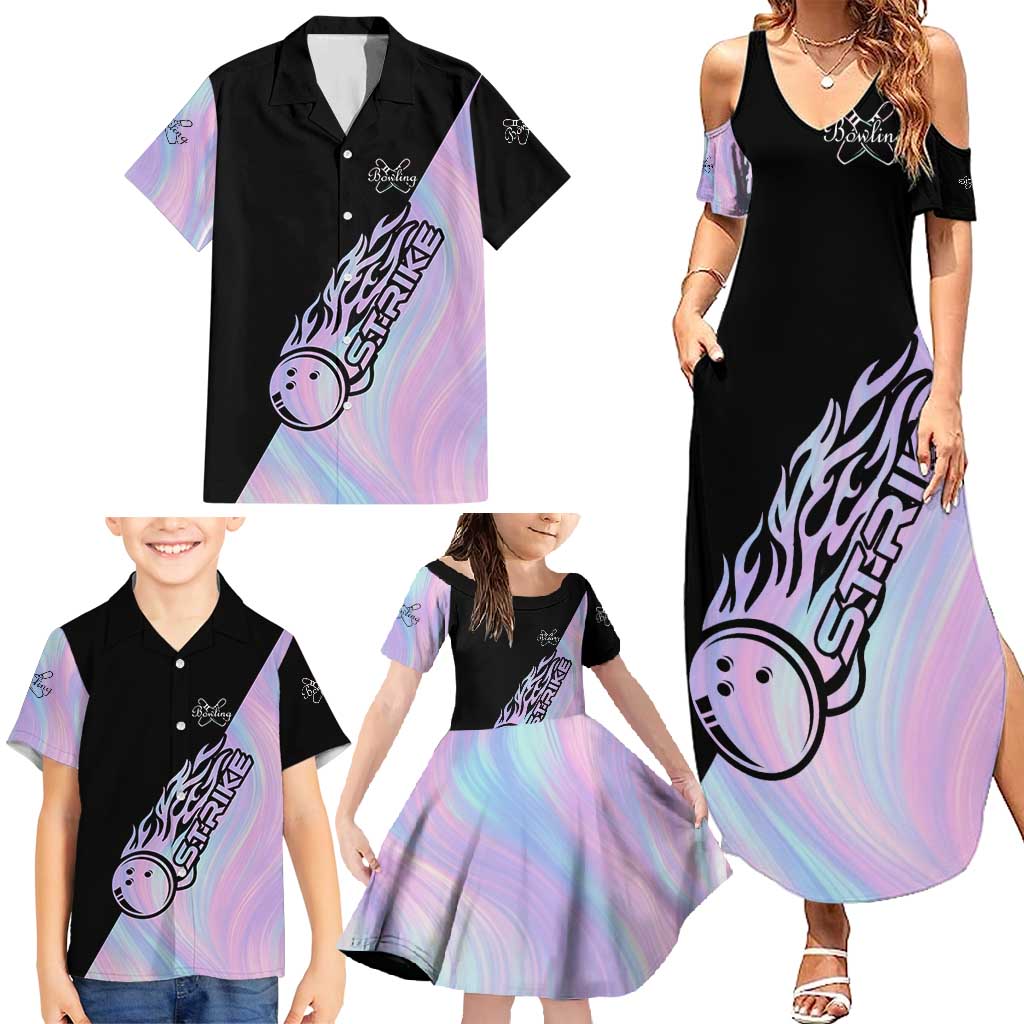 Bowling Strike Graphic Family Matching Summer Maxi Dress and Hawaiian Shirt Custom Flaming Ball and Pastel Gradient Swirl Pattern Design - Wonder Print Shop