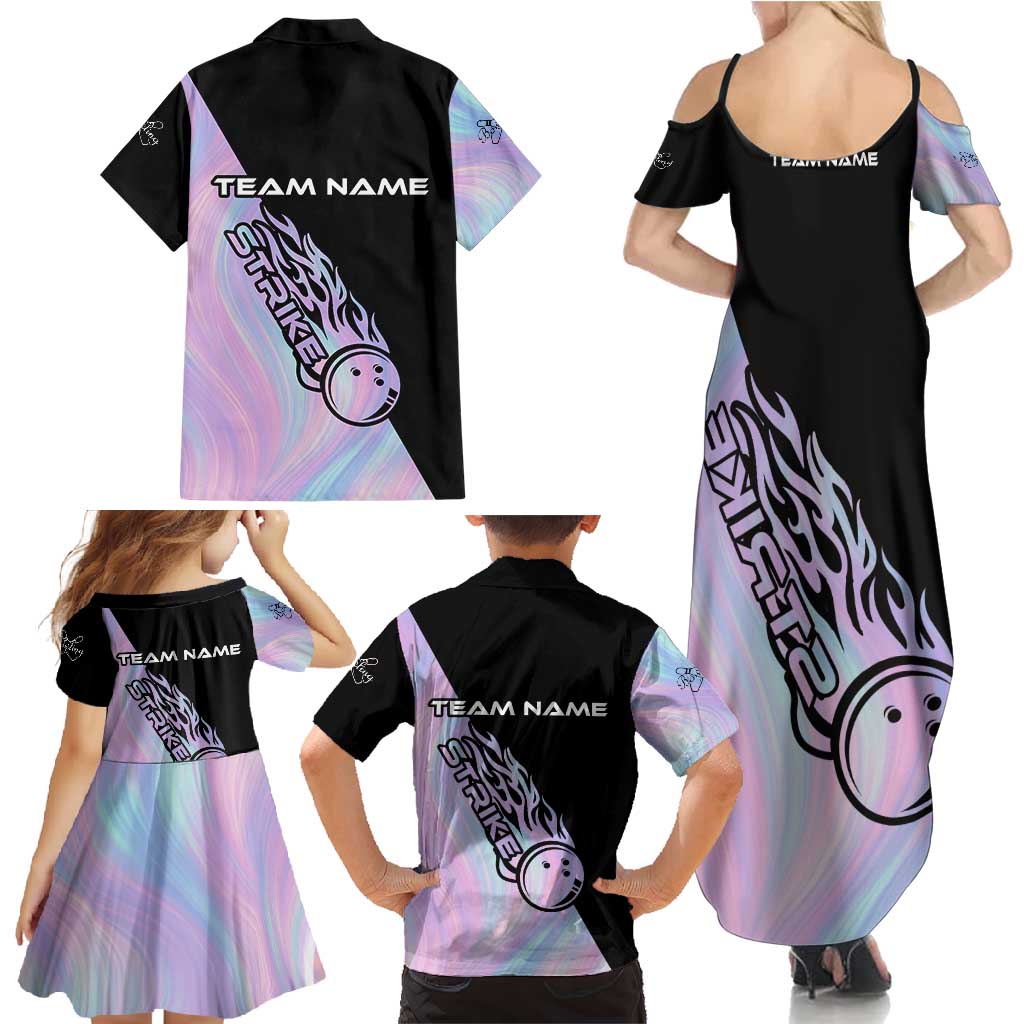 Bowling Strike Graphic Family Matching Summer Maxi Dress and Hawaiian Shirt Custom Flaming Ball and Pastel Gradient Swirl Pattern Design - Wonder Print Shop