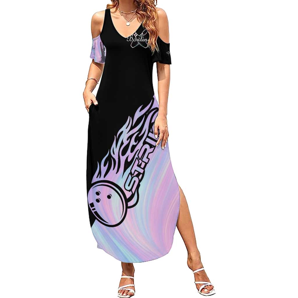 Bowling Strike Graphic Family Matching Summer Maxi Dress and Hawaiian Shirt Custom Flaming Ball and Pastel Gradient Swirl Pattern Design - Wonder Print Shop