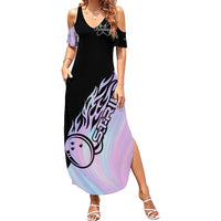 Bowling Strike Graphic Family Matching Summer Maxi Dress and Hawaiian Shirt Custom Flaming Ball and Pastel Gradient Swirl Pattern Design - Wonder Print Shop