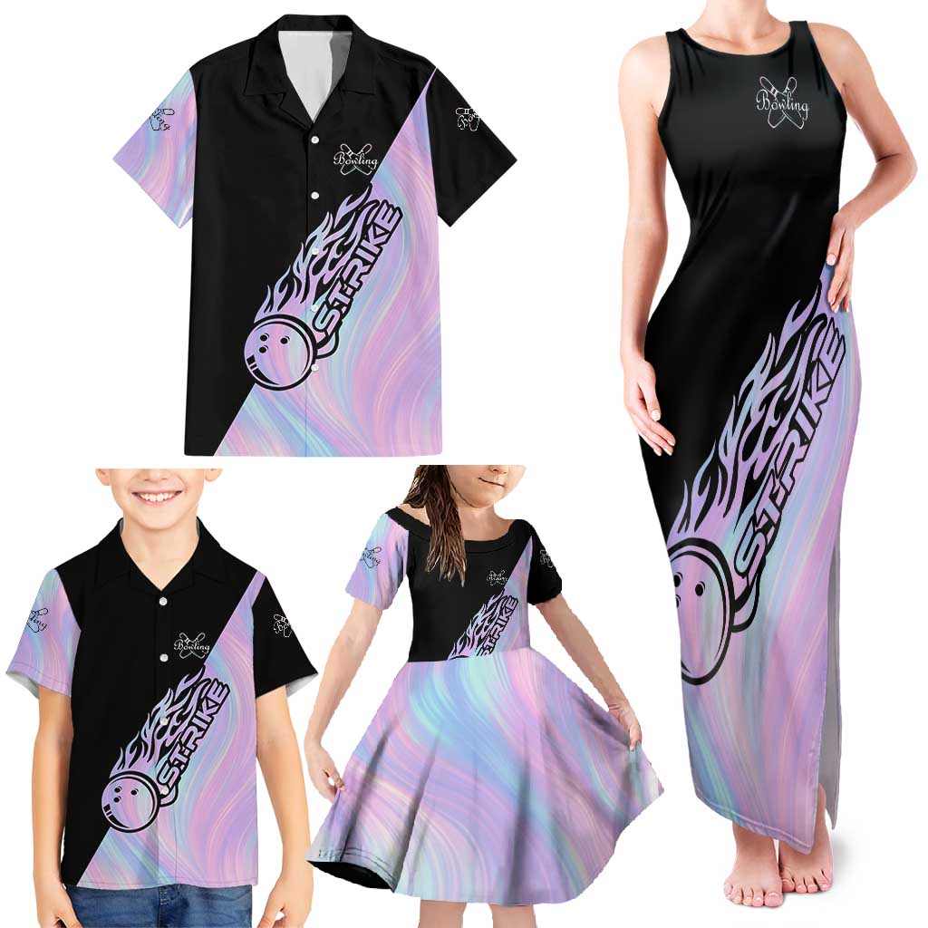 Bowling Strike Graphic Family Matching Tank Maxi Dress and Hawaiian Shirt Custom Flaming Ball and Pastel Gradient Swirl Pattern Design - Wonder Print Shop