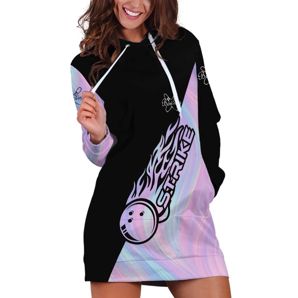 Bowling Strike Graphic Hoodie Dress Custom Flaming Ball and Pastel Gradient Swirl Pattern Design - Wonder Print Shop