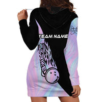 Bowling Strike Graphic Hoodie Dress Custom Flaming Ball and Pastel Gradient Swirl Pattern Design - Wonder Print Shop