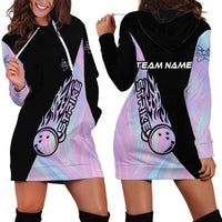 Bowling Strike Graphic Hoodie Dress Custom Flaming Ball and Pastel Gradient Swirl Pattern Design - Wonder Print Shop
