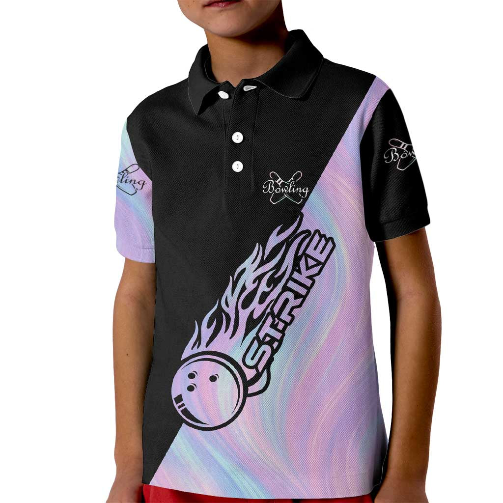 Bowling Strike Graphic Kid Polo Shirt Custom Flaming Ball and Pastel Gradient Swirl Pattern Design - Wonder Print Shop