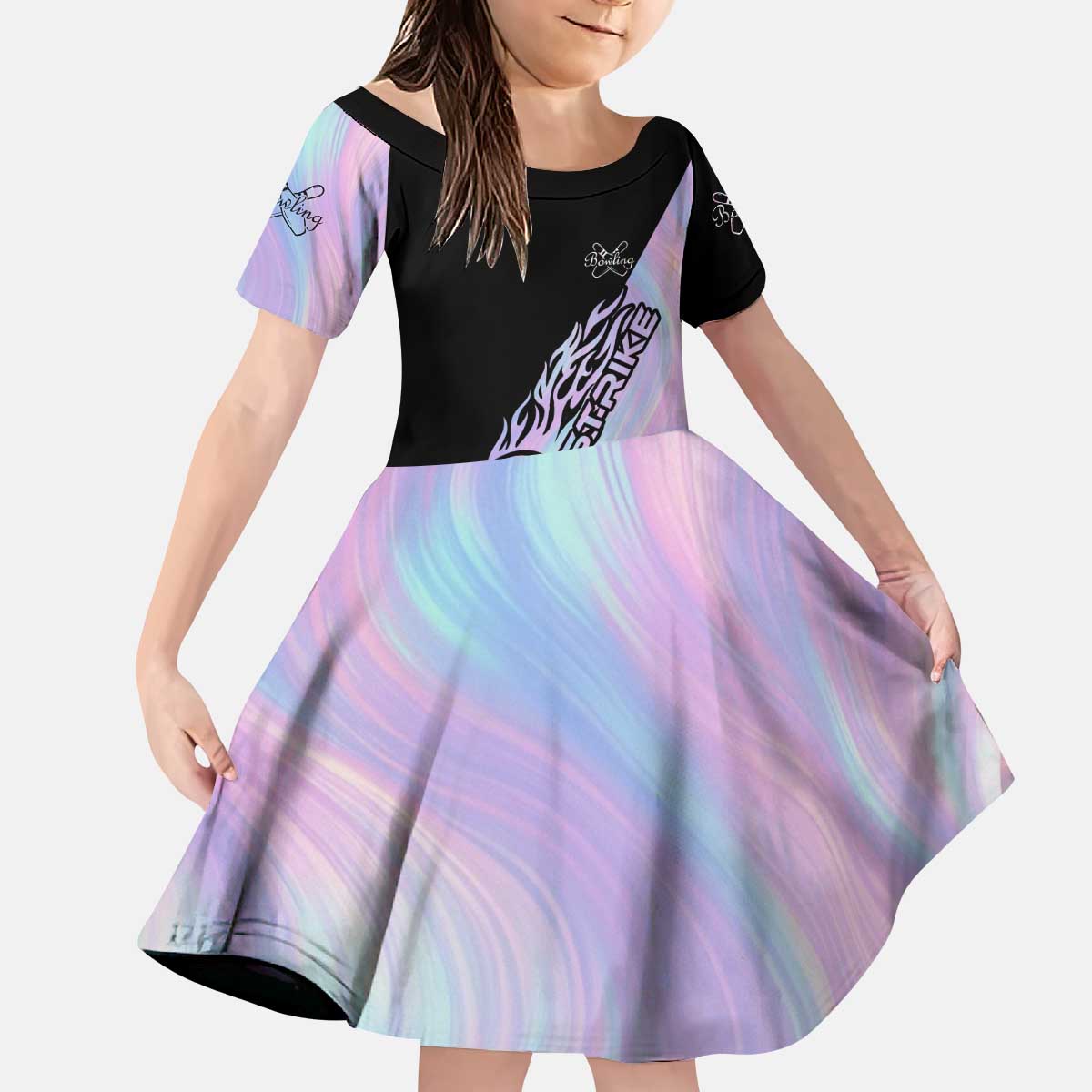Bowling Strike Graphic Kid Short Sleeve Dress Custom Flaming Ball and Pastel Gradient Swirl Pattern Design - Wonder Print Shop