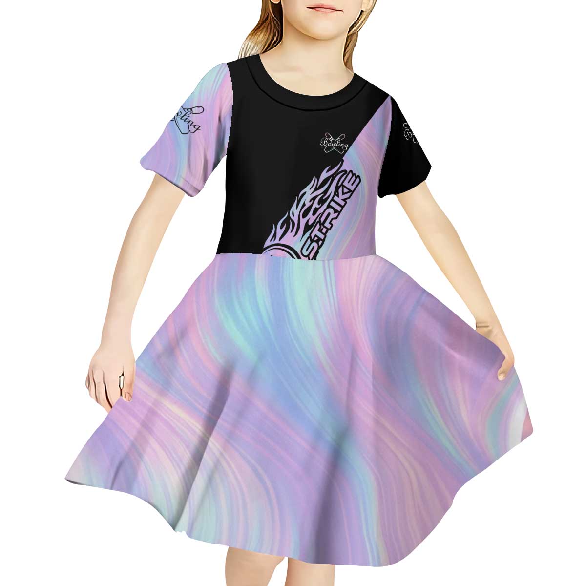 Bowling Strike Graphic Kid Short Sleeve Dress Custom Flaming Ball and Pastel Gradient Swirl Pattern Design - Wonder Print Shop