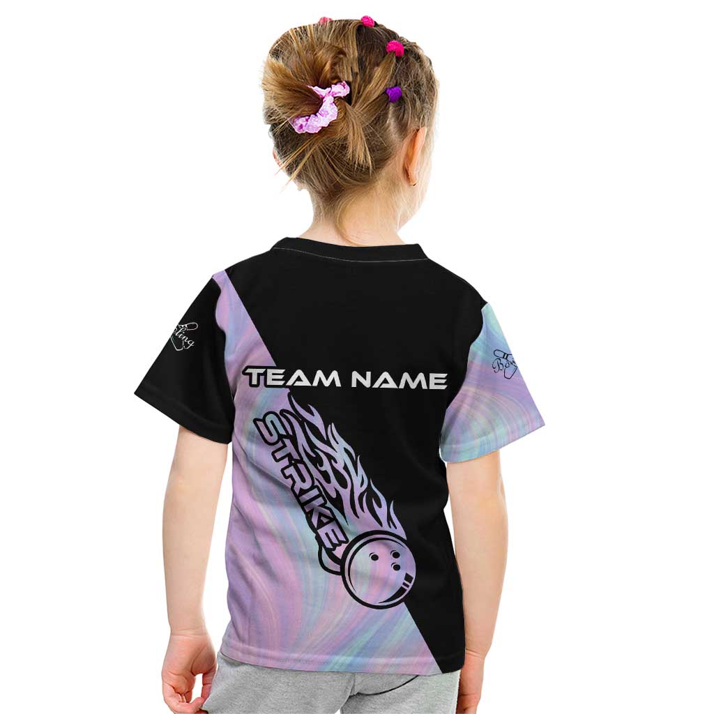 Bowling Strike Graphic Kid T Shirt Custom Flaming Ball and Pastel Gradient Swirl Pattern Design - Wonder Print Shop
