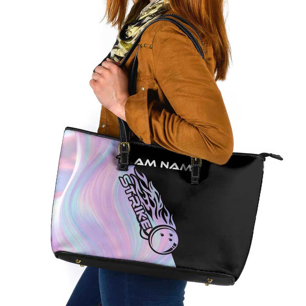 Bowling Strike Graphic Leather Tote Bag Custom Flaming Ball and Pastel Gradient Swirl Pattern Design - Wonder Print Shop