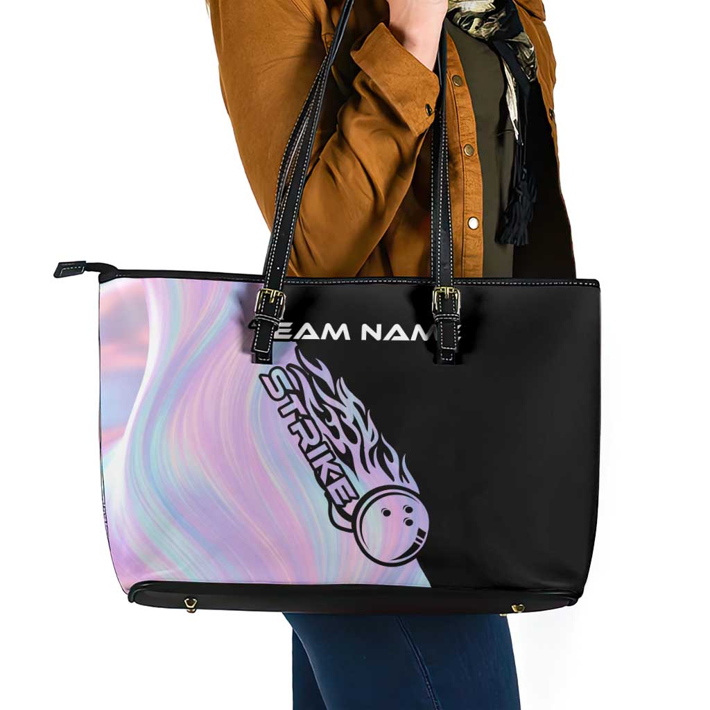 Bowling Strike Graphic Leather Tote Bag Custom Flaming Ball and Pastel Gradient Swirl Pattern Design - Wonder Print Shop