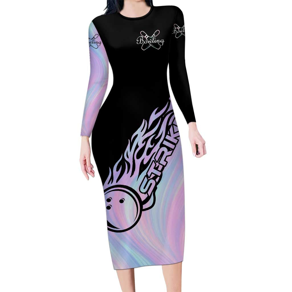 Bowling Strike Graphic Long Sleeve Bodycon Dress Custom Flaming Ball and Pastel Gradient Swirl Pattern Design - Wonder Print Shop