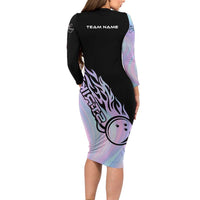 Bowling Strike Graphic Long Sleeve Bodycon Dress Custom Flaming Ball and Pastel Gradient Swirl Pattern Design - Wonder Print Shop