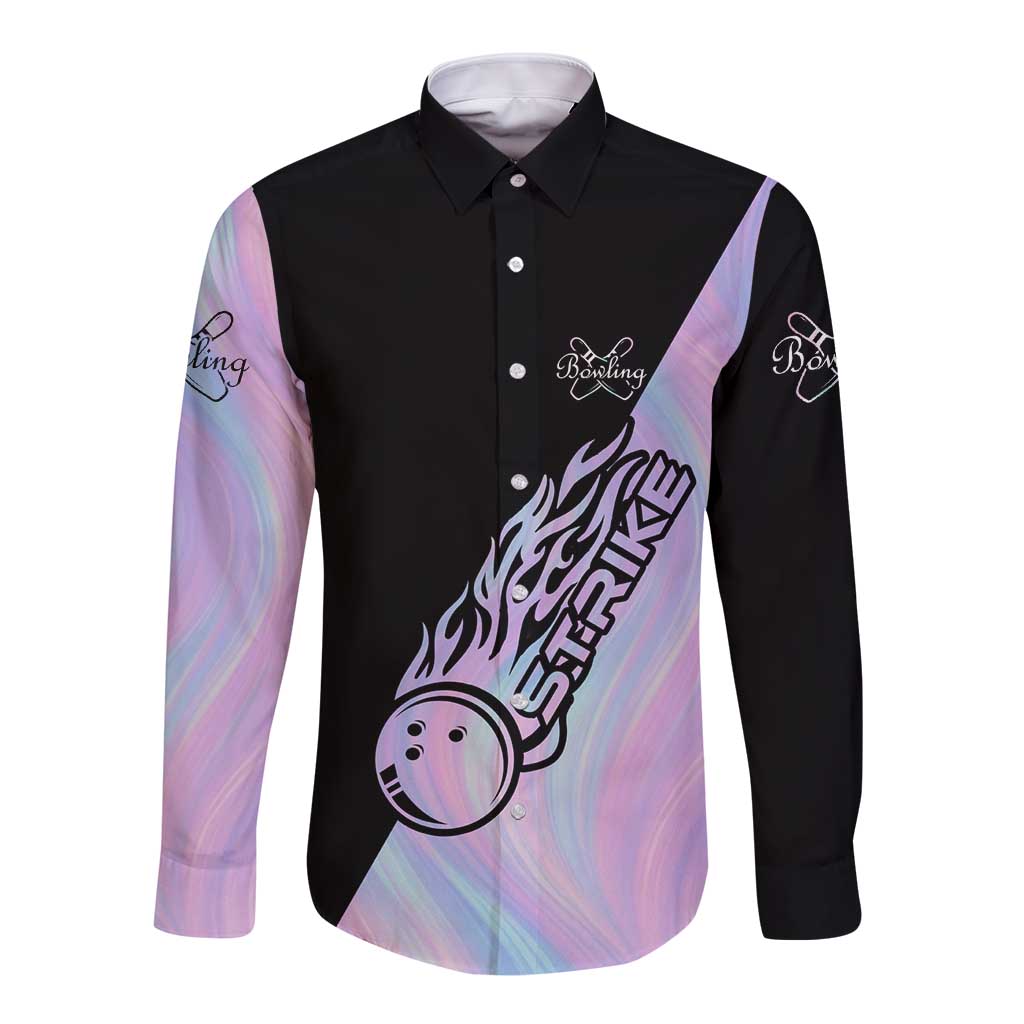 Bowling Strike Graphic Long Sleeve Button Shirt Custom Flaming Ball and Pastel Gradient Swirl Pattern Design - Wonder Print Shop