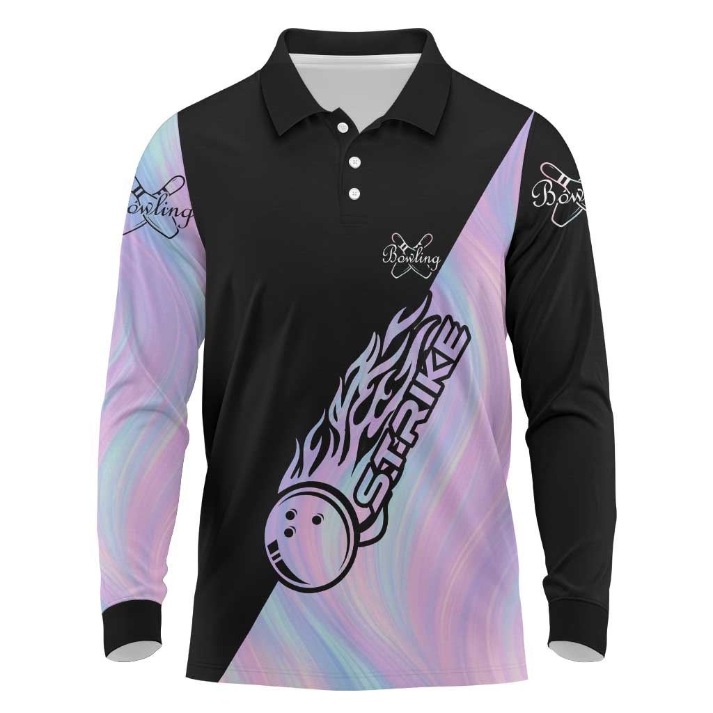 Bowling Strike Graphic Long Sleeve Polo Shirt Custom Flaming Ball and Pastel Gradient Swirl Pattern Design - Wonder Print Shop