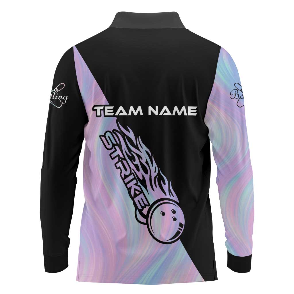 Bowling Strike Graphic Long Sleeve Polo Shirt Custom Flaming Ball and Pastel Gradient Swirl Pattern Design - Wonder Print Shop