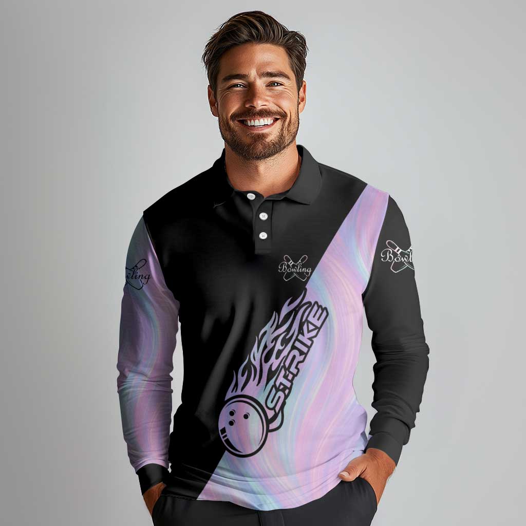 Bowling Strike Graphic Long Sleeve Polo Shirt Custom Flaming Ball and Pastel Gradient Swirl Pattern Design - Wonder Print Shop