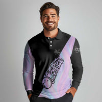 Bowling Strike Graphic Long Sleeve Polo Shirt Custom Flaming Ball and Pastel Gradient Swirl Pattern Design - Wonder Print Shop