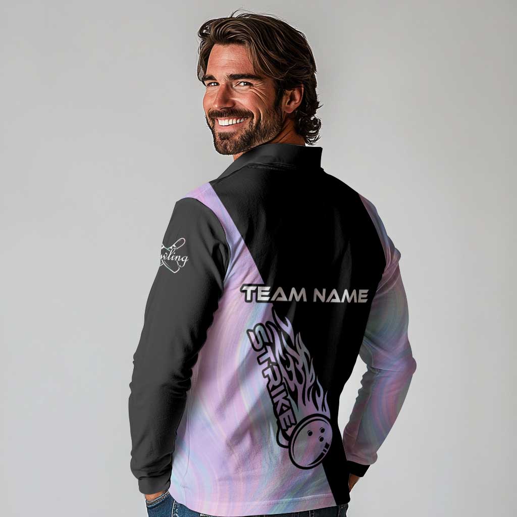 Bowling Strike Graphic Long Sleeve Polo Shirt Custom Flaming Ball and Pastel Gradient Swirl Pattern Design - Wonder Print Shop