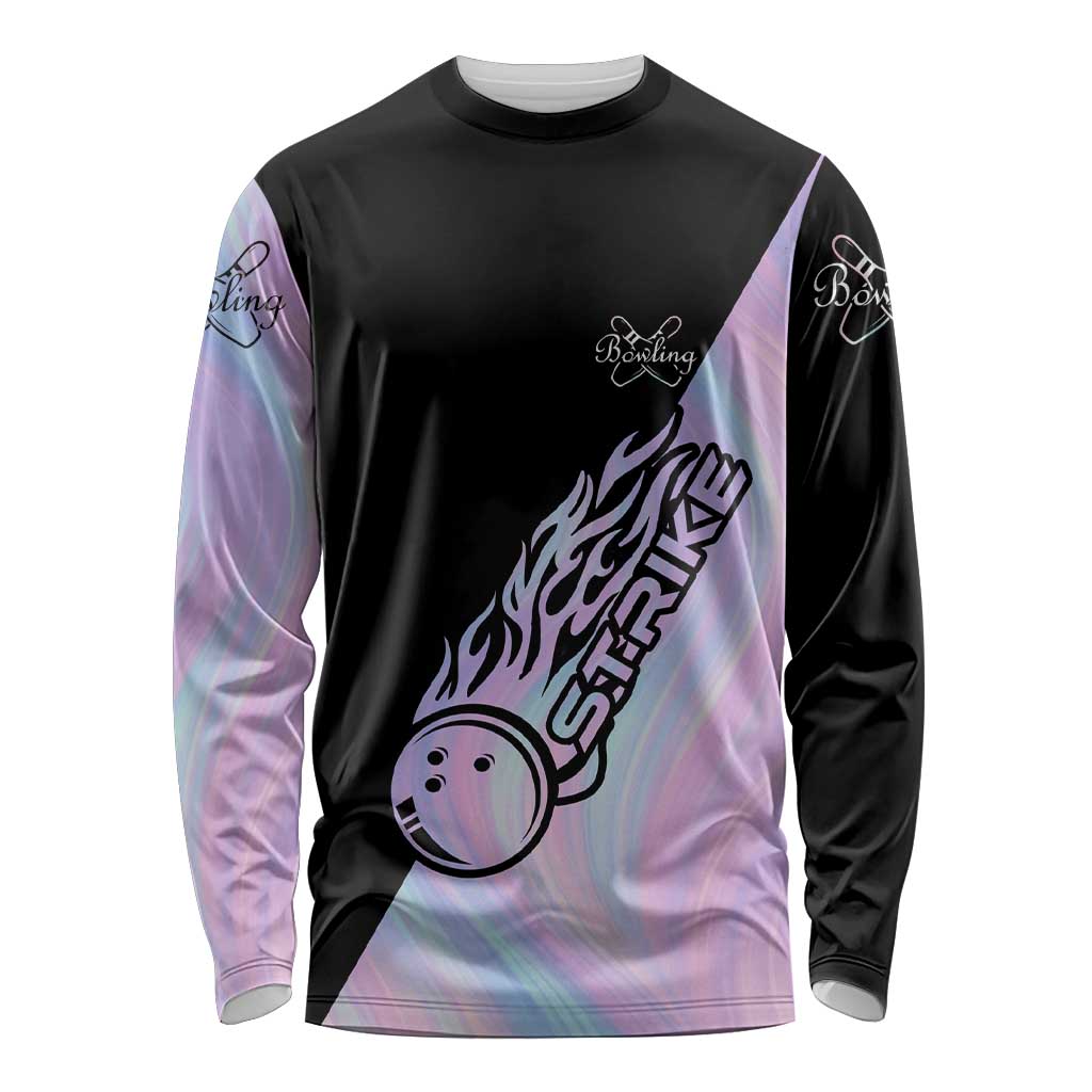 Bowling Strike Graphic Long Sleeve Shirt Custom Flaming Ball and Pastel Gradient Swirl Pattern Design - Wonder Print Shop