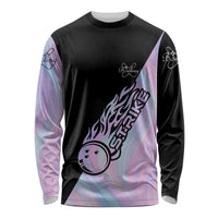 Bowling Strike Graphic Long Sleeve Shirt Custom Flaming Ball and Pastel Gradient Swirl Pattern Design - Wonder Print Shop