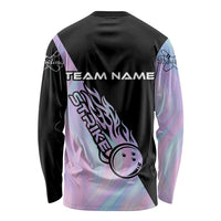 Bowling Strike Graphic Long Sleeve Shirt Custom Flaming Ball and Pastel Gradient Swirl Pattern Design - Wonder Print Shop