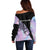 Bowling Strike Graphic Off Shoulder Sweater Custom Flaming Ball and Pastel Gradient Swirl Pattern Design - Wonder Print Shop