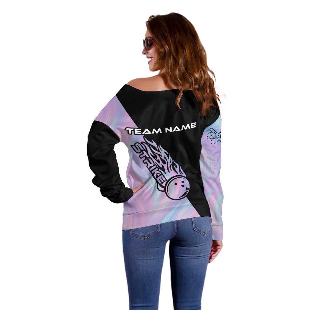 Bowling Strike Graphic Off Shoulder Sweater Custom Flaming Ball and Pastel Gradient Swirl Pattern Design - Wonder Print Shop